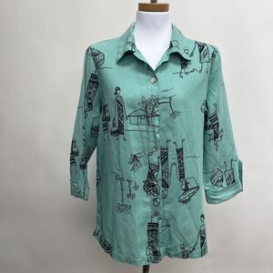 Hot Cotton Women's Top Medium Green Black Tribal Boho People Linen Cotton Blend